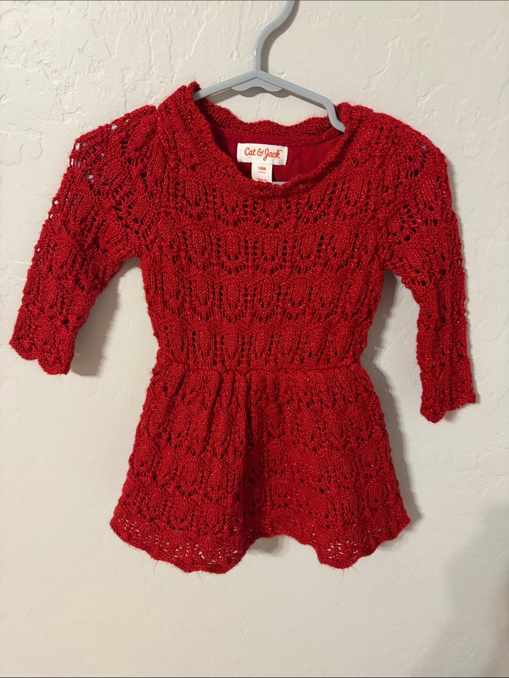 Cat & Jack Red Knit Lace-Pattern Peplum Sweater Top for Kids